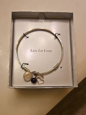 Live for Love Gold Bangle Bracelet with Pearl, Amethyst and Heart Charm